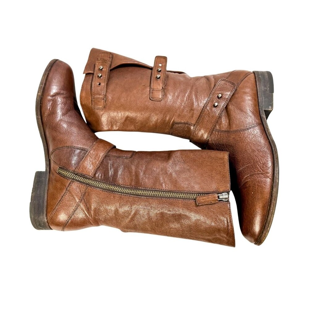Eileen Fisher Domingo Brown Leather Mid Calf Western Boho Boots 8 Festival